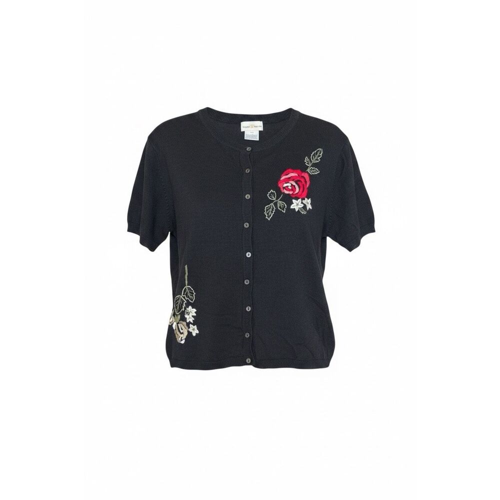Vtg Jaclyn Smith Embroidered Floral Button-up Short Sleeve Cardigan Black Large